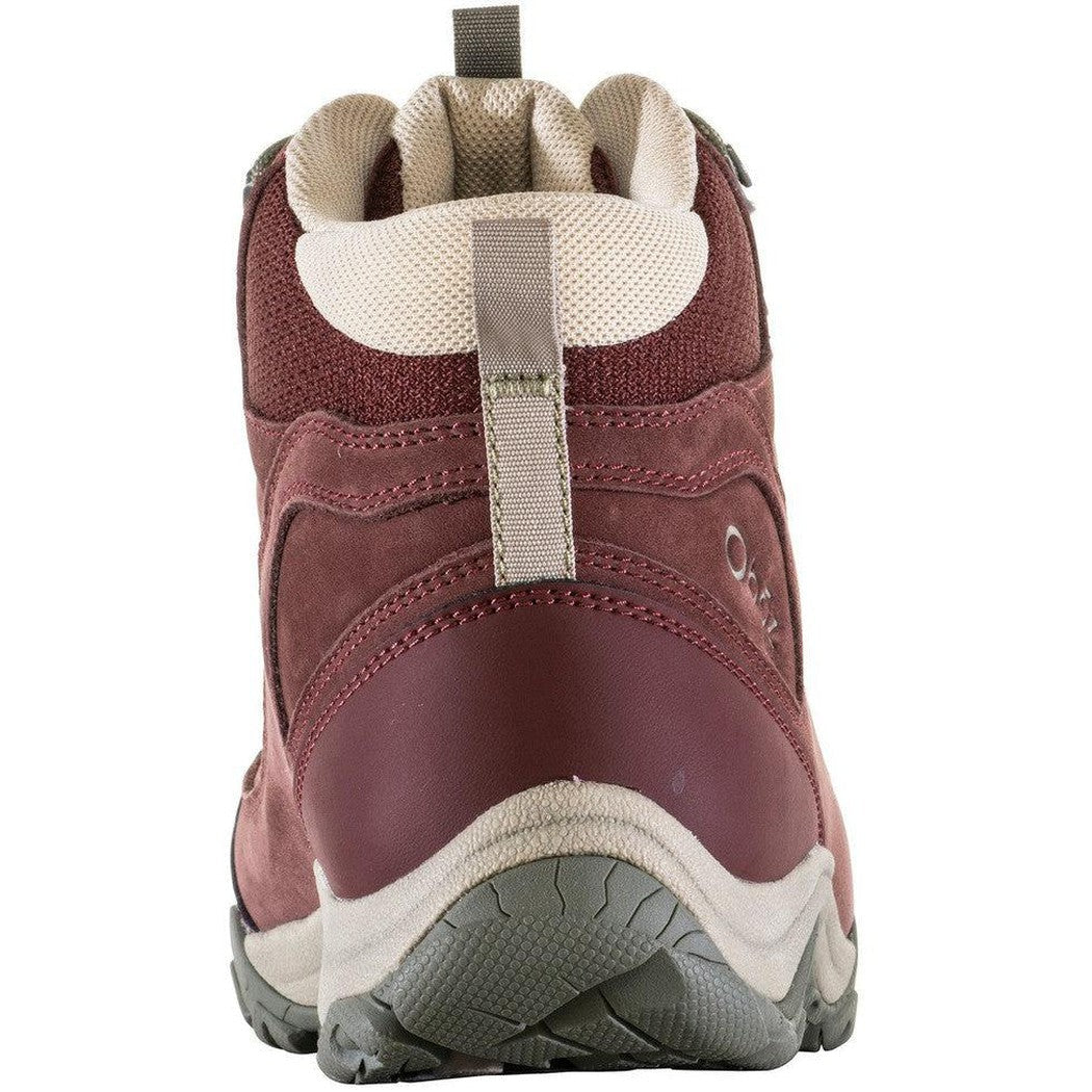 Back view of the Oboz Women's Ousel Mid B-Dry boot in Port showing the heel and pull tab against a white background.
