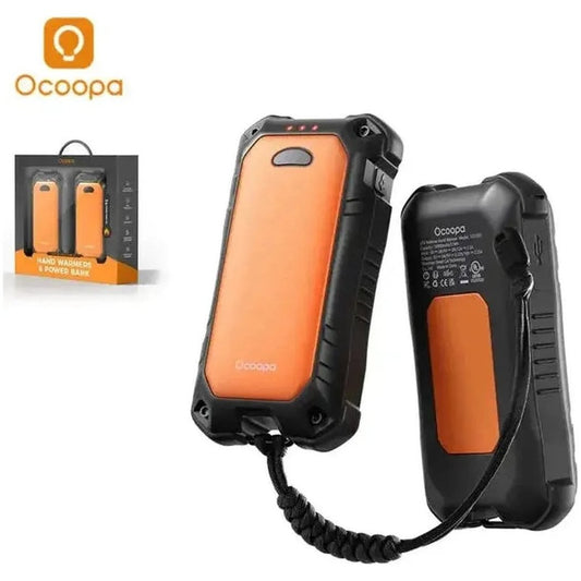 Side view of the Ocoopa UT4 Extreme IP56 Waterproof Outdoor Hand Warmers in Orange showing the rugged design and attached cable against a white background.