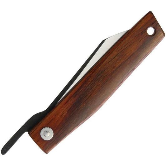 A side view of the Ohta Knives FK7 Folder Cocobolo with a wooden handle and a metal pivot, set against a white background.