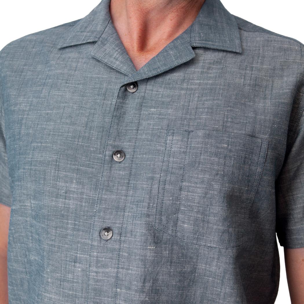 A close-up of the Old Ranch Men's Bodi Shirt in Dark Blue showing the button front and chest pocket against a plain background.