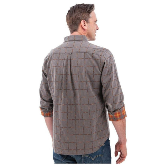 Back view of the Old Ranch Men's Chase Shirt 25 in Blue Skies showing rolled cuffs and a white background.