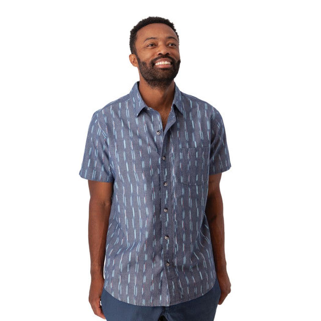 A front view of the Old Ranch Men's Hawke Shirt 26 in Hot Sauce, showing the short-sleeved button-up design on a model against a white background.