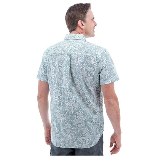 Back view of the Old Ranch Men's Lennon Shirt in Tourmaline showing the paisley pattern on a white background.