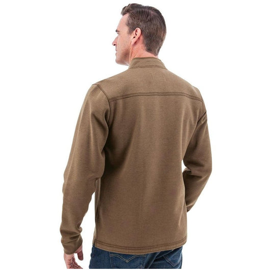 Back view of the Old Ranch Men's Ozark 1/4 Zip Pullover in Teak on a model against a white background.