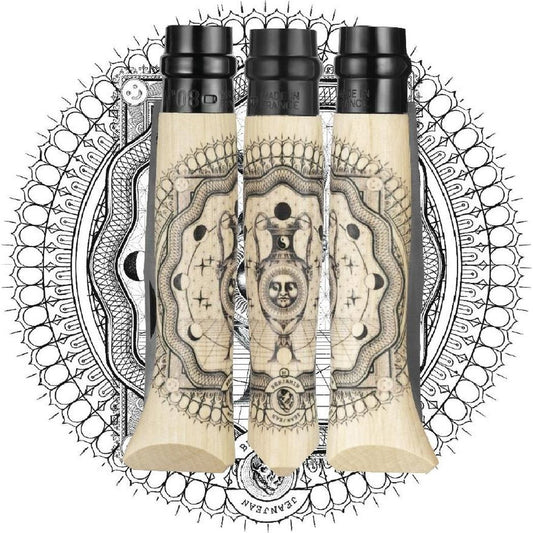 Three Opinel No.08 Artist Limited V Cosmos Edition knives with cosmic designs on light wood handles, set against a detailed mandala background.