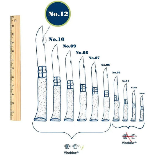 A line up of Opinel No.12 stainless steel folding knives in various sizes with a ruler on the left.