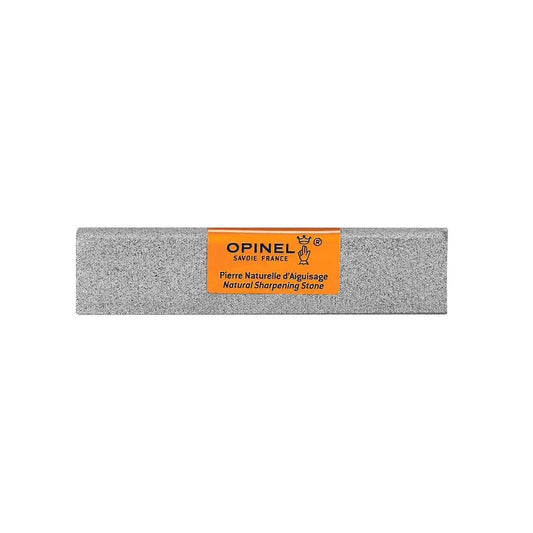 A gray Opinel natural sharpening stone with an orange label is shown from a front angle against a white background.