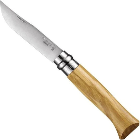 A side view of the Opinel Woods No.8 Olive/Walnut/Oak knife with a natural oak handle and stainless steel blade against a white background.