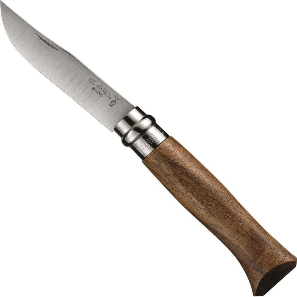 A side view of the Opinel Woods No.8 Olive/Walnut/Oak knife with a wooden handle and metal bolster against a white background.