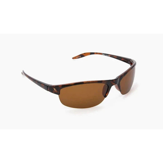 Side view of the Optic Nerve Alpine sunglasses with shiny black frames and brown lenses against a white background.