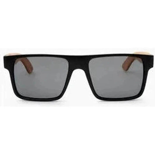 Black Natural Wood Optic Nerve Blackthorn sunglasses with rectangular frames and wooden temple tips, front view against a white background.