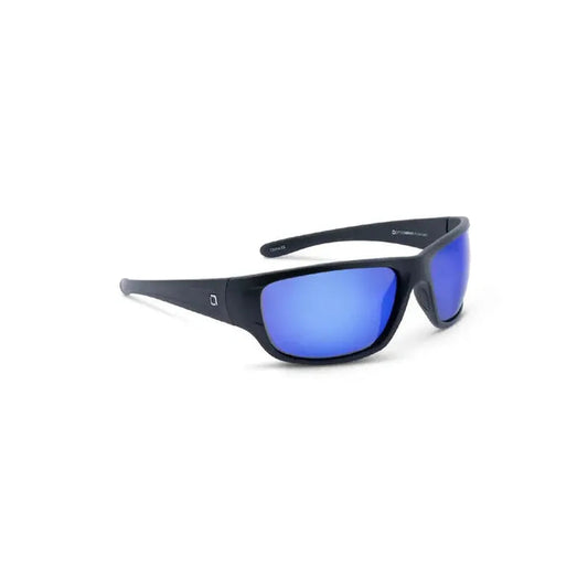 Side view of the Optic Nerve Contra XL Matte Black w/ Black Rubber Polarized Smoke Lens Blue Mirror sunglasses against a white background.
