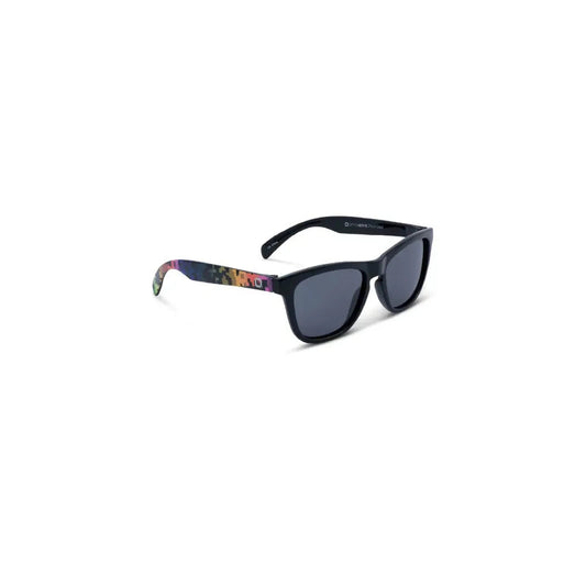 Side view of the Optic Nerve Juicebox sunglasses with colorful temple tips against a white background.