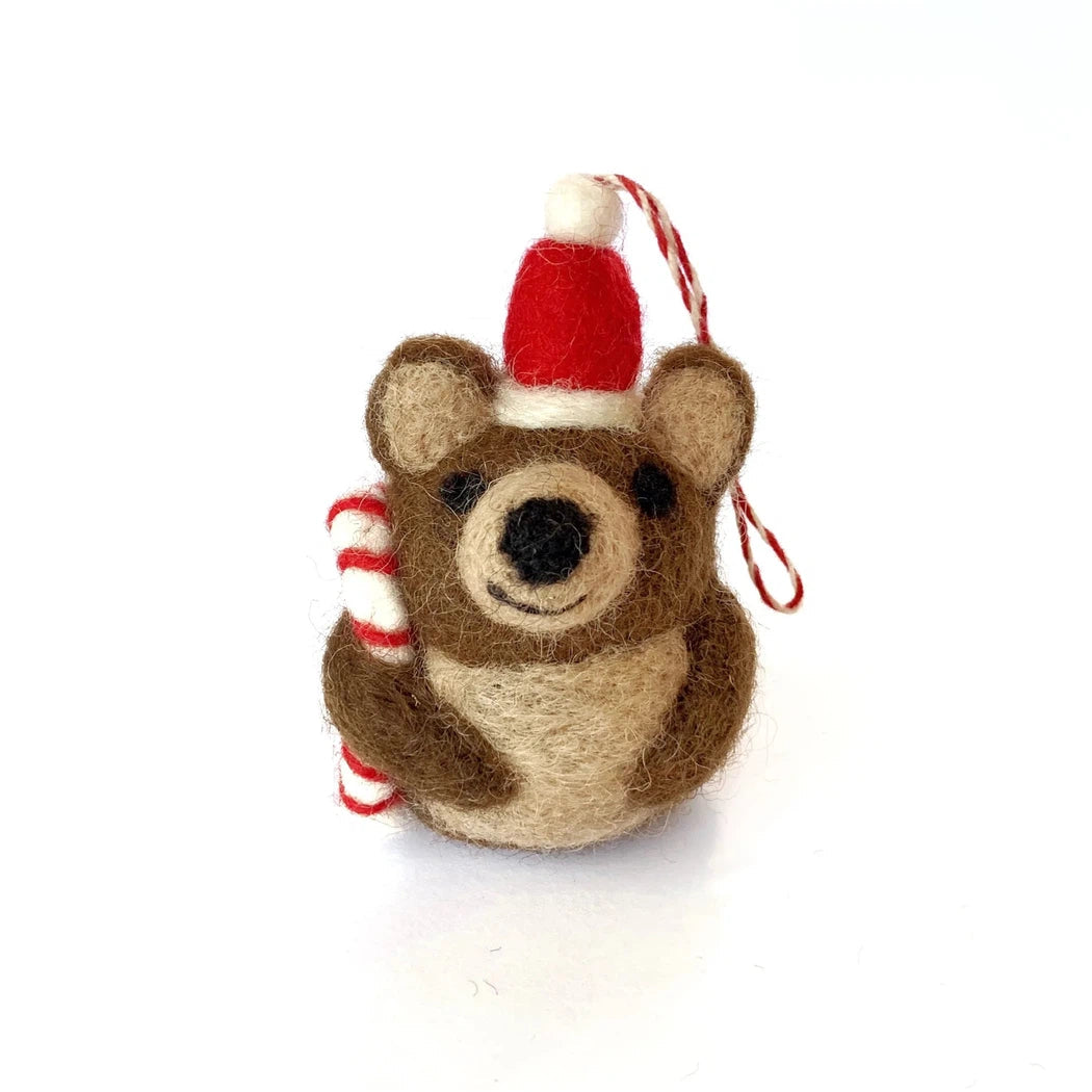 Ornaments 4 Orphans Brown Bear with Candy Cane Tufted Wool Christmas Ornament-Accessories - Novelty-Appalachian Outfitters