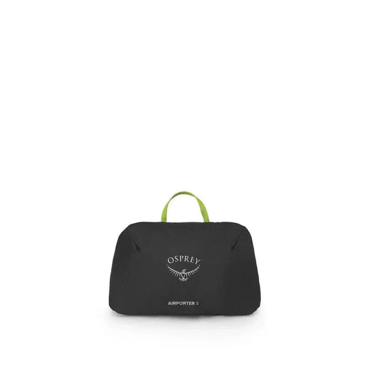 A front view of the Osprey Airporter 5 in black with a green handle against a white background.