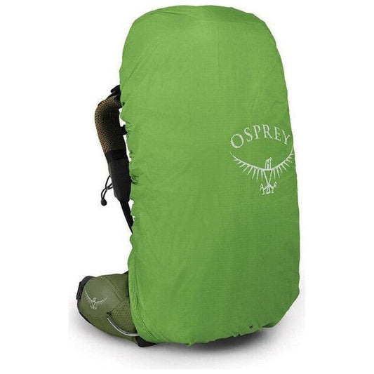 Side view of the Osprey Atmos AG 65 in Mythical Green with the Osprey logo visible on the rain cover.