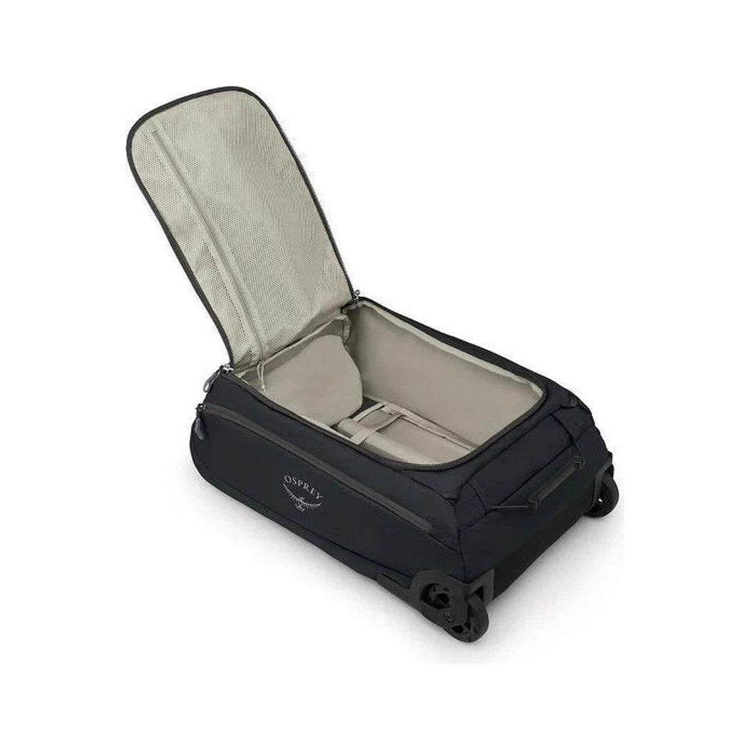 A black Osprey Daylite Carry-On Wheeled Duffel 40 with its lid open, showing the interior and wheels, photographed from a top-down angle against a white background.