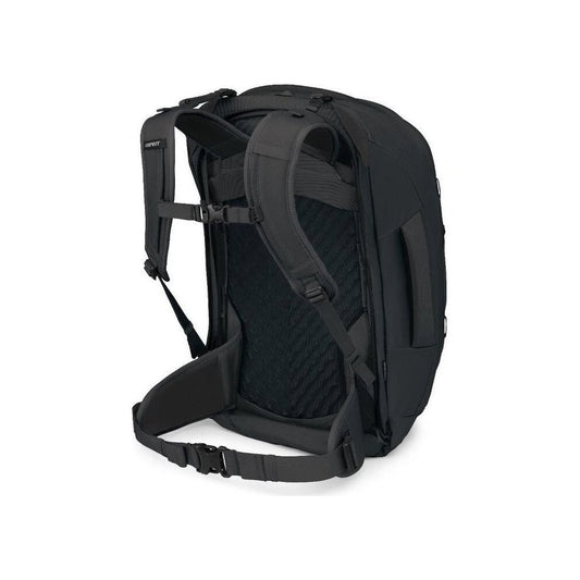 Back view of the Osprey Farpoint 55 in Black showing padded shoulder straps and a white background.
