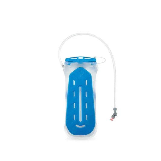 A front view of the Osprey Hydraulics 2L Reservoir v3 in Light Blue showing the bite valve and clear tube against a white background.