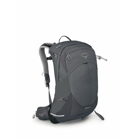 A front view of the Osprey Sirrus 24 daypack in Medium Grey with a mesh shoulder strap and a small front pocket, set against a white background.