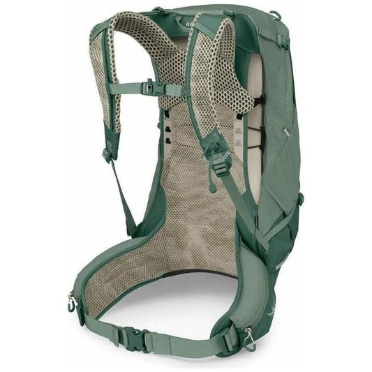 Back view of the Osprey Stratos 24 in Pine Leaf showing the breathable mesh back panel and hip belt against a white background.