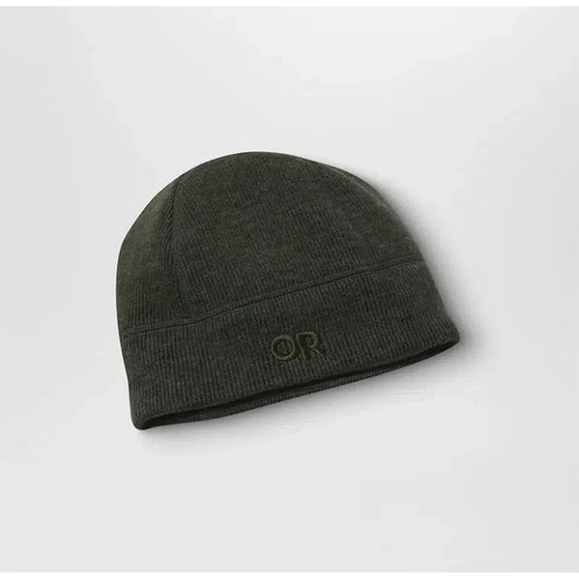 A front view of the Outdoor Research Flurry Beanie in Black with the OR logo on the front against a white background.