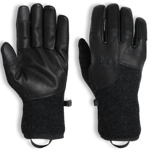 Front and back view of the Outdoor Research Men's Flurry Leather Gloves in Charcoal showing the leather palms and knit cuffs against a white background.
