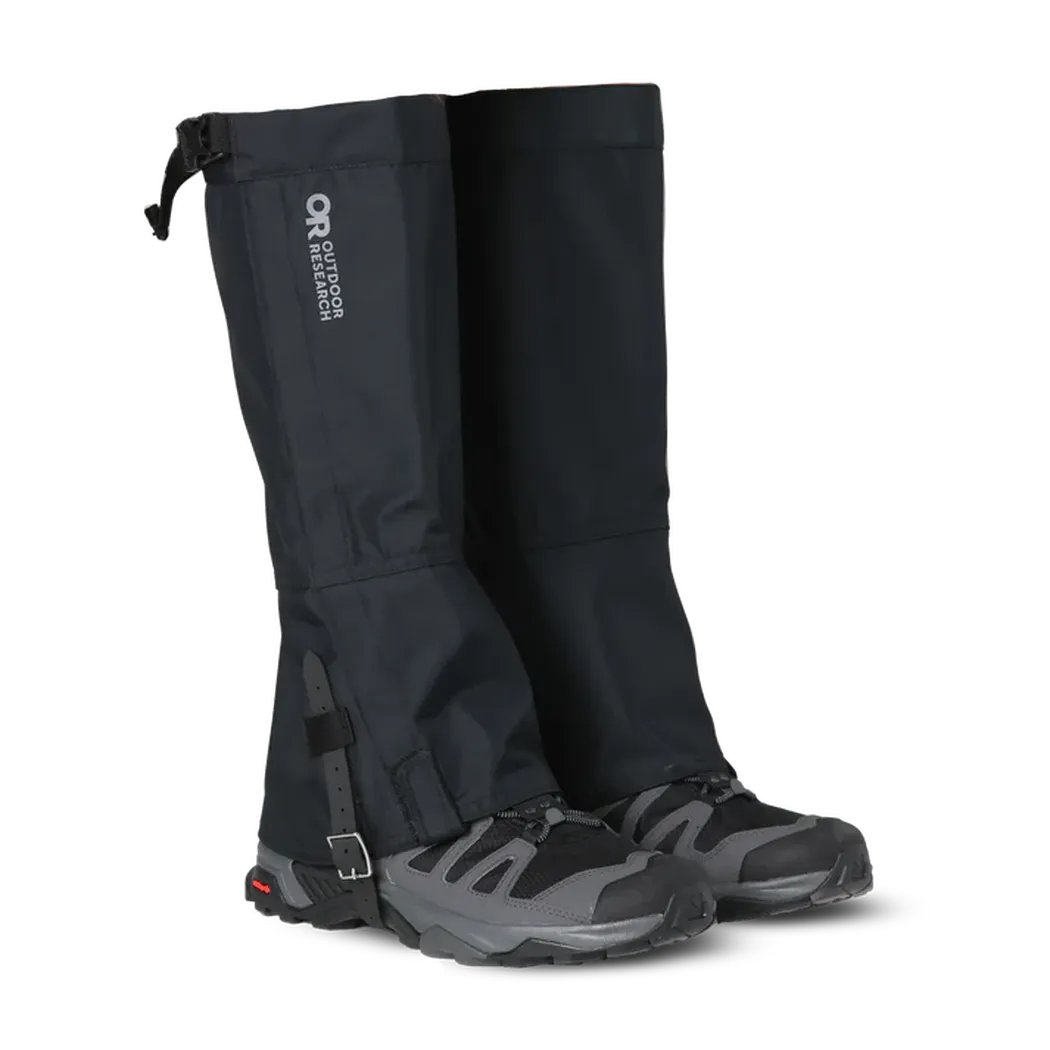Side view of the Outdoor Research Men's Rocky Mountain High Gaiter II in Black on a white background.
