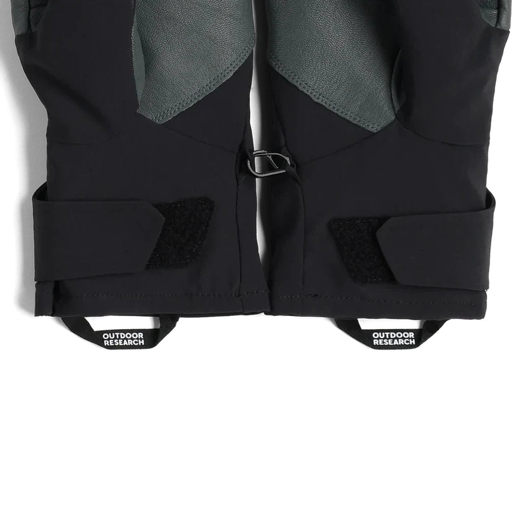 The black Outdoor Research Men's Sureshot Pro Gloves are shown from the bottom with their adjustable straps and brand tags visible against a white background.