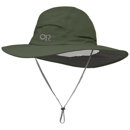 A front view of the Outdoor Research Sombriolet Sun Hat in Pewter with a chin strap and wide brim against a white background.