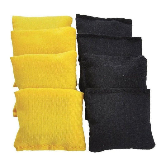 Four yellow and four black cornhole bags arranged side by side on a white background.