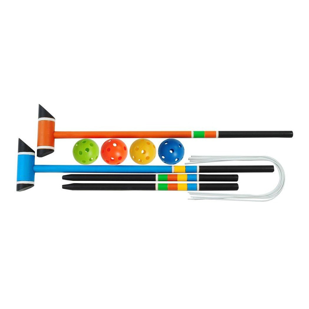 A complete set of Assorted Outside Inside Freestyle Croquet Golf equipment laid out on a white background.