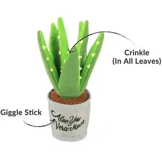 A photo of the P.L.A.Y Blooming Buddies Aloe-ve You Plant toy showing its crinkle leaves and giggle stick feature.