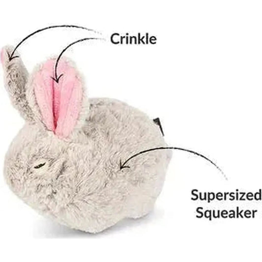 A front view of the P.L.A.Y Forest Friends Baxter the Bunny toy showing its crinkle ears and supersized squeaker against a white background.
