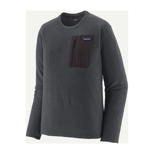 A front view of the Patagonia Mens R1 Air Crew in Pelican color showing the chest pocket and zipper against a white background.