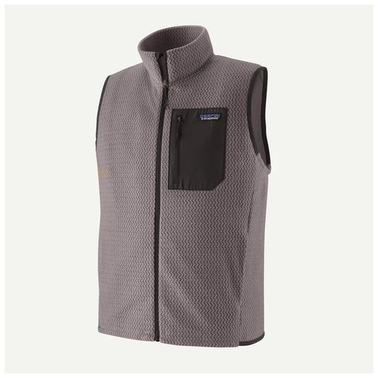 A front view of the Patagonia Mens R1 Air Vest in Charcoal/Graphite showing the zippered chest pocket and high collar against a plain background.
