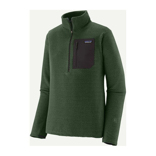 A front view of the Patagonia Mens R1 Air Zip Neck in Summit Blue showing the chest pocket and high collar against a light background.