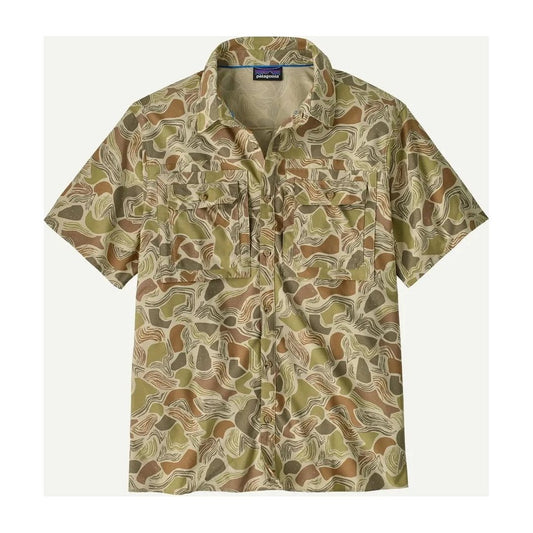 A front view of the Patagonia Men's Short Sleeve Self Guided Sun Shirt in Coastal Edge: Shore Blue with two chest pockets against a white background.