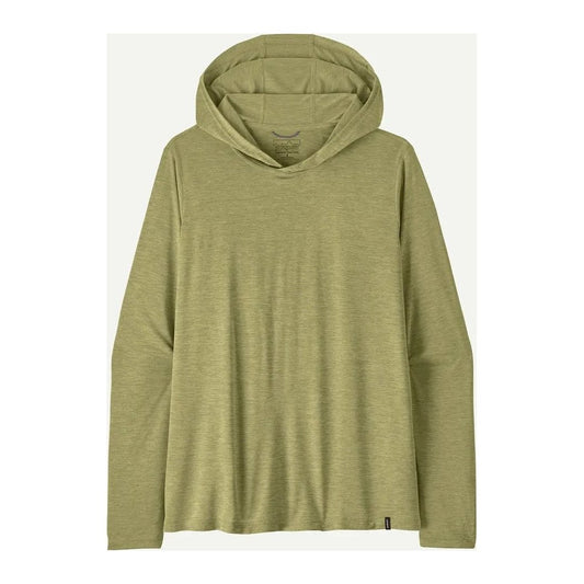 A front view of the Patagonia Women's Cap Cool Daily Hoody in Dino White with a hood, against a plain white background.