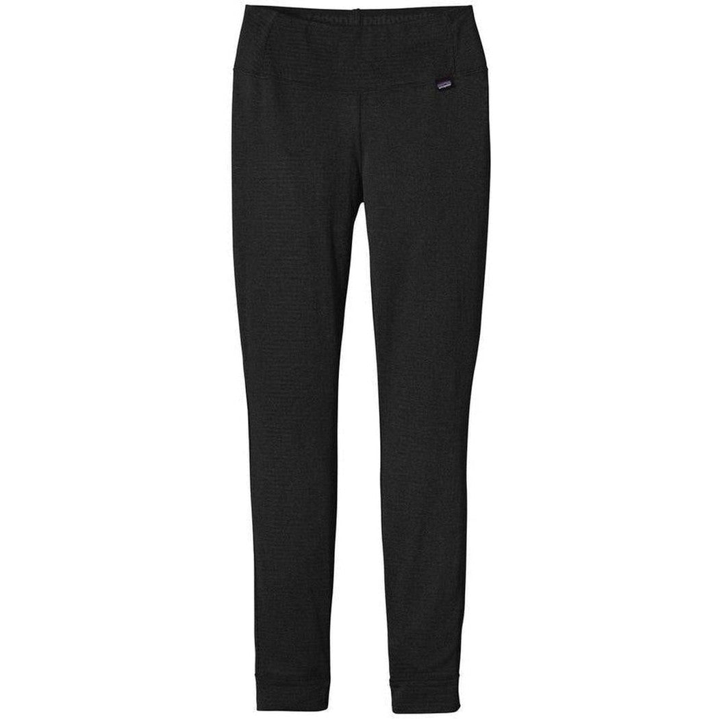Black Patagonia Women's Capilene Thermal Weight Bottoms shown from front with small logo on upper left, against white background.