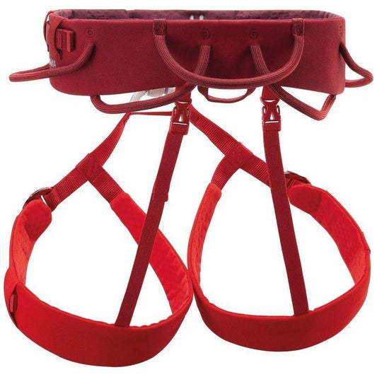 Side view of the Petzl Adjama dark red climbing harness showing the padded waist belt and leg loops against a white background.