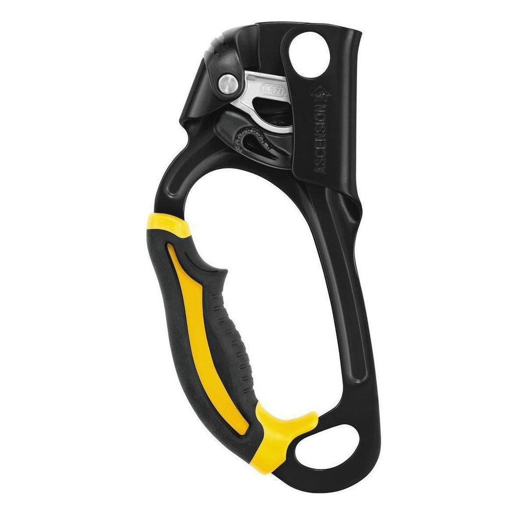 Side view of the Petzl Ascension Left black climbing ascender with yellow accents against a white background.