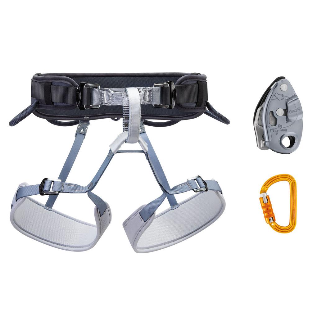Side view of the Petzl Corax Kit showing the harness, belay device, and carabiner against a white background.