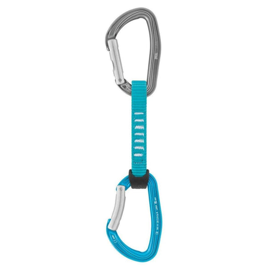 A front view of the Petzl Djinn Axess Quickdraw - 11cm in Purple showing the carabiners and webbing against a white background.