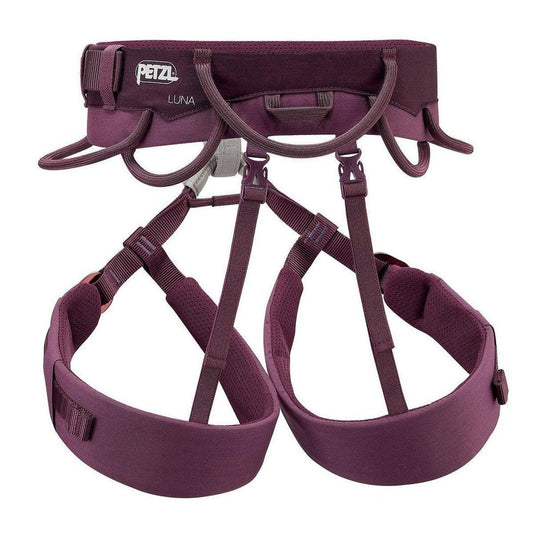Side view of the Petzl Luna women's climbing harness in Violet showing the waist belt and leg loops against a white background.