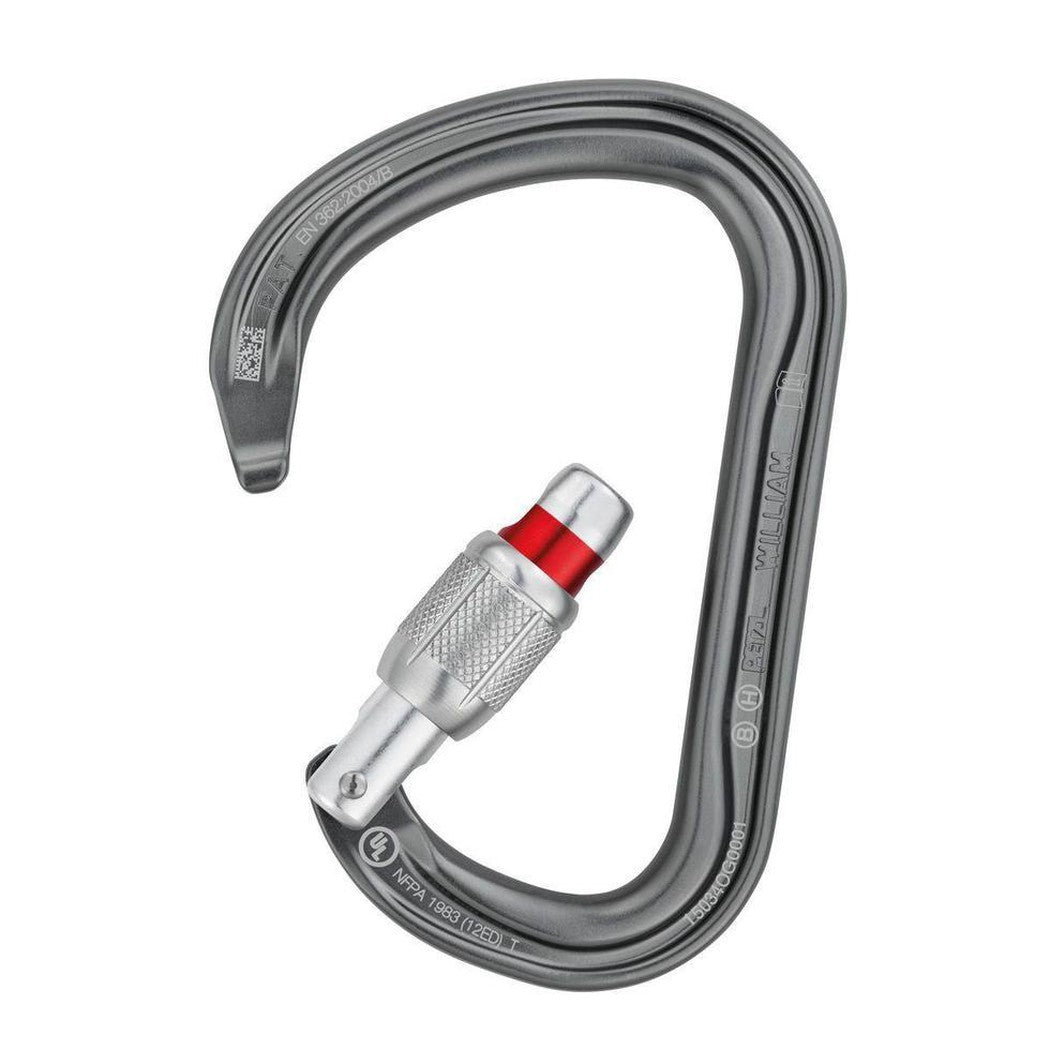A charcoal Petzl William H-frame Screw-Lock carabiner with a silver screw-lock mechanism and red accent, shown from a top-down angle against a white background.
