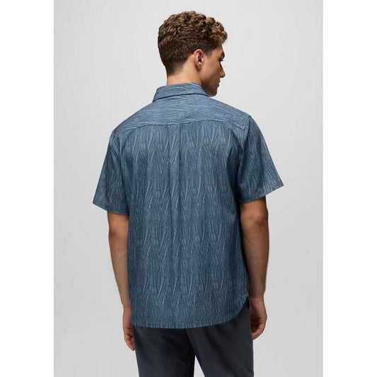 Back view of the Prana Men's Hybridizer SS Shirt in Bluff Blue Seashell on a model against a plain background.