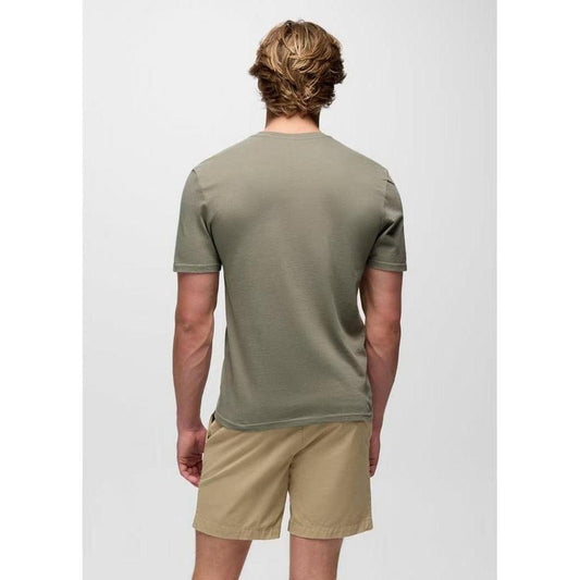 Back view of the Prana Men's WiseA Journeyman SS Tee in Sage on a model against a plain white background.