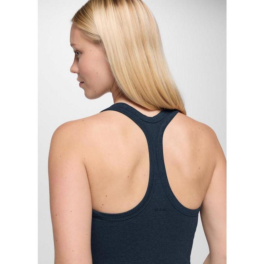 Back view of the Prana Sample - Women's Heavana Racerback Midi Dress in Stormy Night Heather on a model against a plain background.