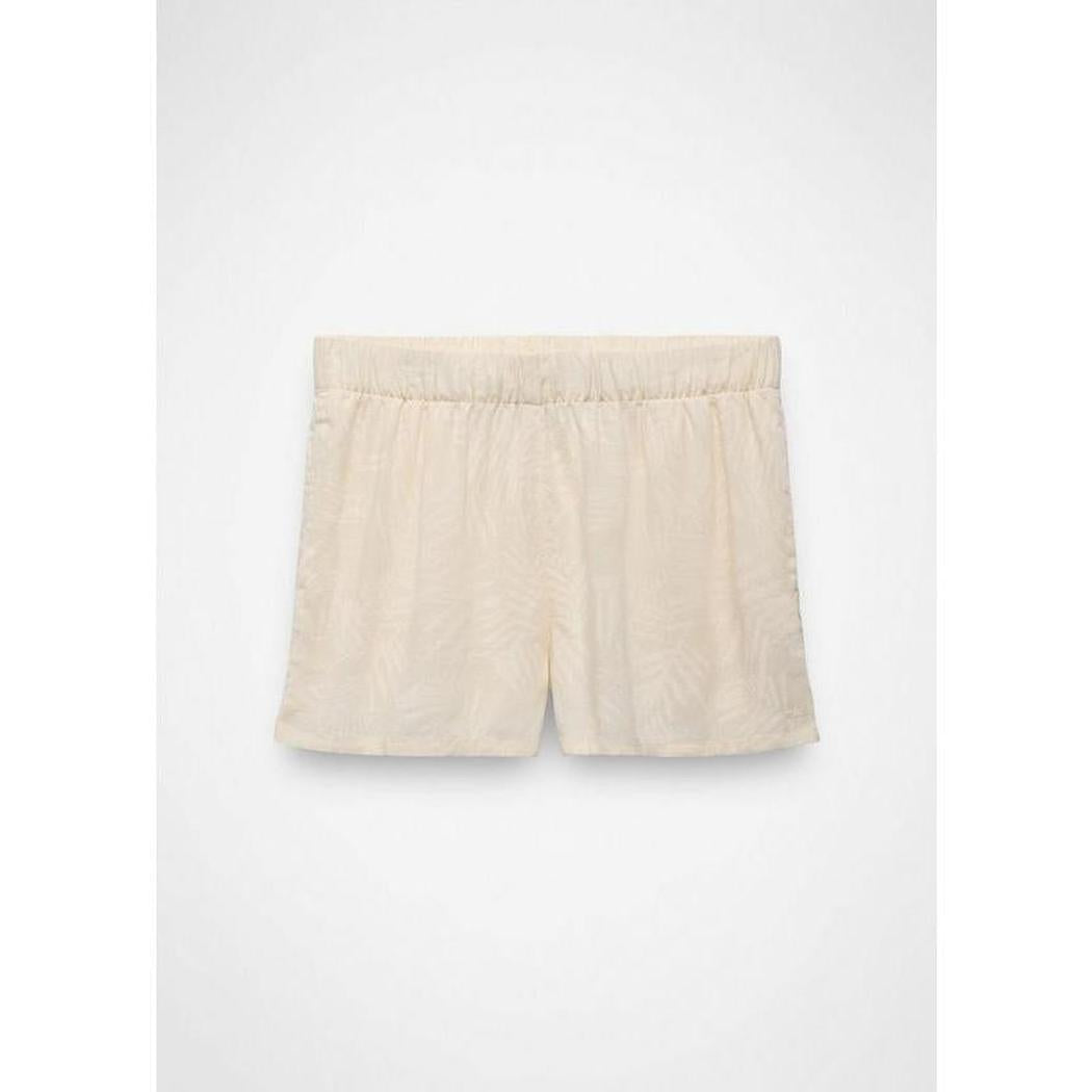 Natural, complete sentence describing the photo: The Prana Sample - Women's The Bahamas Short in BeachPebbleShor color is shown from the front with an elastic waistband against a plain white